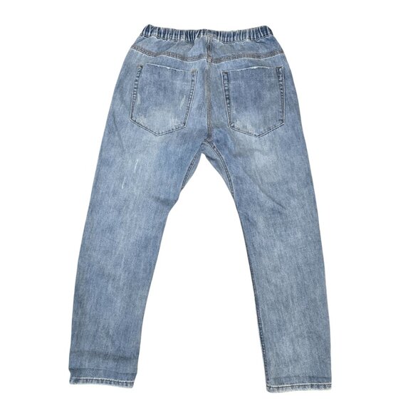 Distressed Light Wash Elastic Waist Denim Jogger Jeans W/ Drawstring By Mustard - Picture 3 of 5